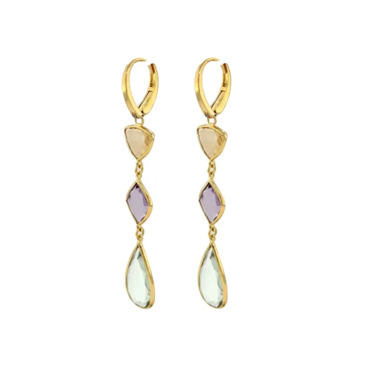Classic Earrings (1316) - Pink Amethyst, Yellow Light Citrine, Praziolite / YG - Image 2